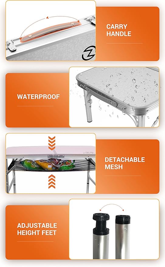Nice C Card Table, Folding Picnic Table, Small Table, Adjustable Height Folding Table, Camping, Outdoor, Portable Lightweight Aluminum, with Carry Handle for Beach, Indoor, Office (Small)