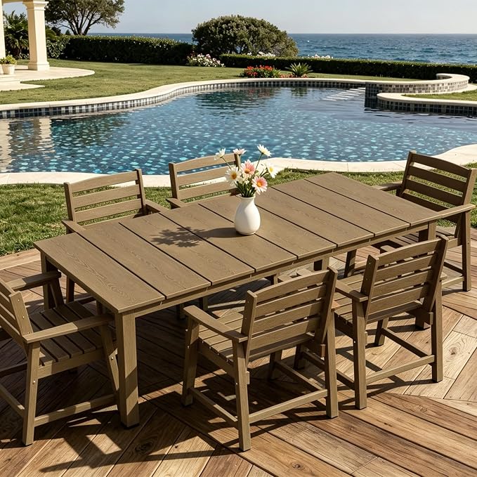 AreShark 7-Piece Outdoor Dining Set,HDPE Patio Table with 6 Armchairs,All-Weather Patio Furniture Set with Umbrella Hole,Low Maintenance Wood Grain Dining Set for Backyard,Garden,Poolside,Black