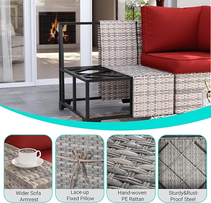 13-Piece Outdoor Patio Furniture Set with Rocking Swivel Chair, PE Wicker Rattan Sectional Sofa Patio Conversation Set with 55,000 BTU Fire Pit Table & Coffee Table, Red