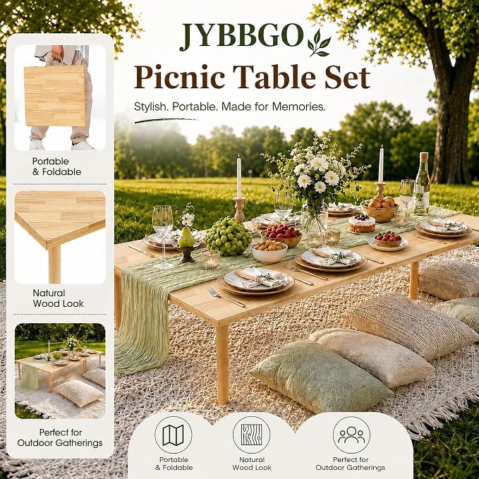 Folding Picnic Table with Table Runner, 60" x 30" Portable Boho Low Picnic Table for 6 Person, Large Wooden Floor Table for Camping, Beach, Garden, Party, Tool-Free Assembly, 165 lbs Capacity