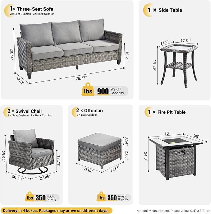 ovios 7 Pieces Patio Furniture Set with Square Fire Pit Table, Swivel Rocking Chairs, Outdoor High Back Wicker Rattan Conversation Set for Deck Porch, Dark Grey