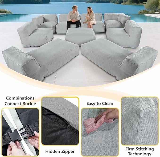 Patio Furniture Set, 9 Pcs Outdoor Conversation Set with Bean Bag Middle Chairs, Corner Chair, Ottomans, Modern Foam Couch Set for Garden, Deck, Balcony (9, Light Gray)