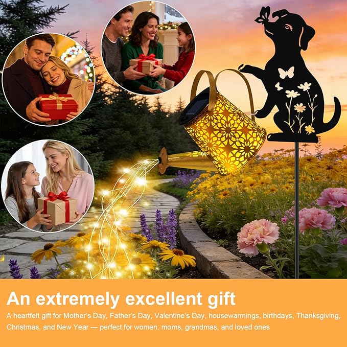 VOOKRY Solar Watering Can Lights Outdoor with Dog Silhouette Stake, Garden Gifts for Mom, Women & Garden Lovers Waterproof Metal Garden Lantern, Decorative Yard Patio Lawn Pathway Decor(1 Pack)