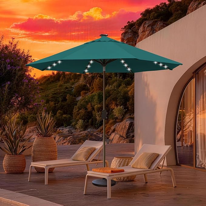 EliteShade USA 10-Year-Non-Fading 10ft Market Patio Umbrella, Commercial Grade Table Sun Umbrella with 80 Solar LED Lights, Crank Open, Windproof & UPF 50+ UV Protection for Garden, Deck, Pool, Backyard, Teal