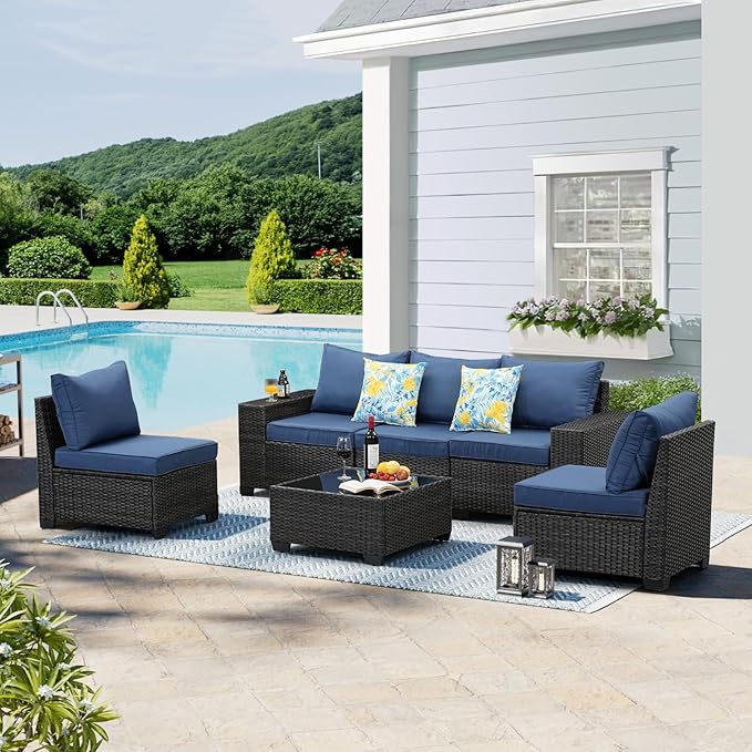 6 Pieces Patio Furniture Set,Wicker PE Rattan Outdoor Sectional with Cushion & Coffee Table, Patio Conversation Sofa for Garden, Backyard, Poolside,Navy