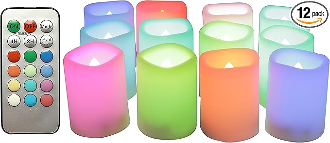 CANDLE CHOICE Color Changing Battery Operated Flameless Votive Candles with Remote Timer Realistic Flickering Fake Electric Multicolor LED Lights for Wedding Christmas Decorations Battery Incl. 12 PCS