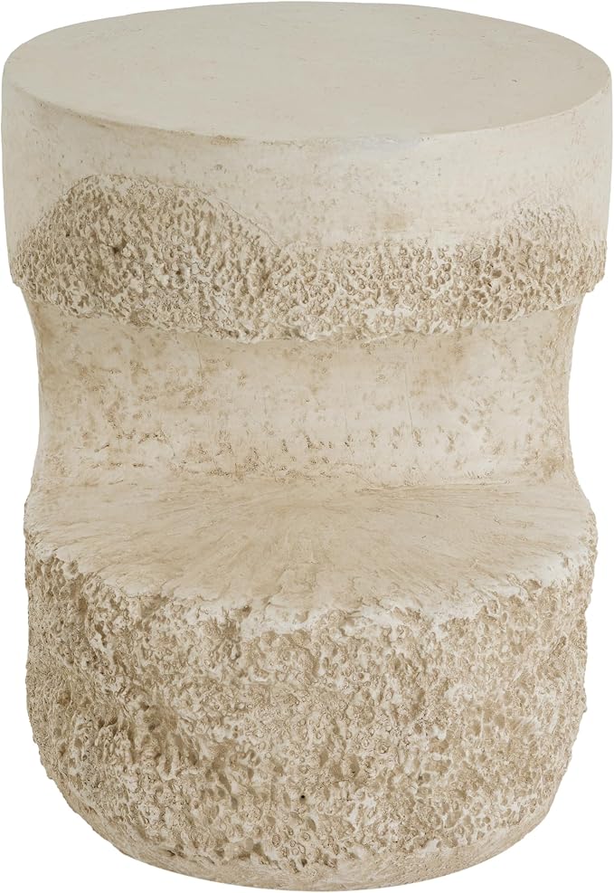 Outdoor Side Table, Modern Organic MGO Accent End Table for Patio, Living Room, Beige Tone Travertine-Look Textured