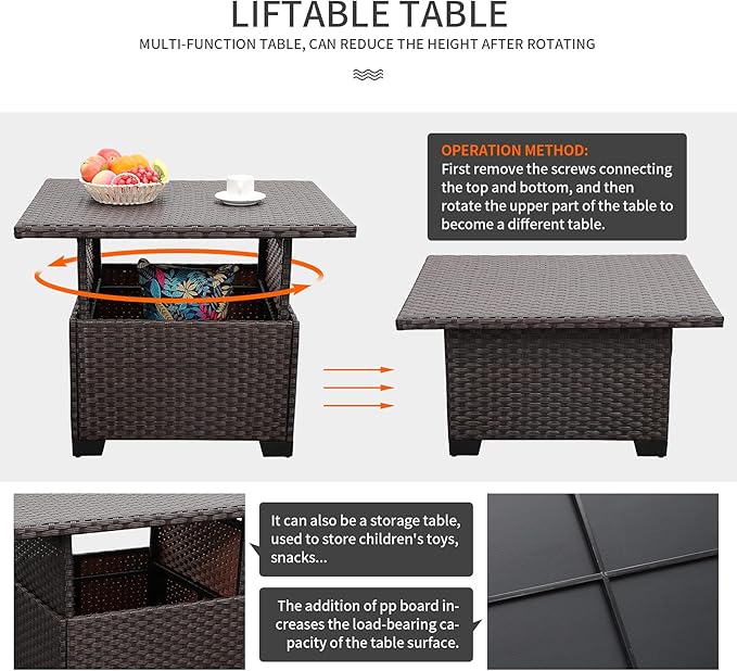 WAROOM Outdoor Patio Furniture Set 7 Pieces Wicker Sectional Sofa Brown Rattan Conversation Couch with Storage Table, Anti-Slip Thick Grey Cushion