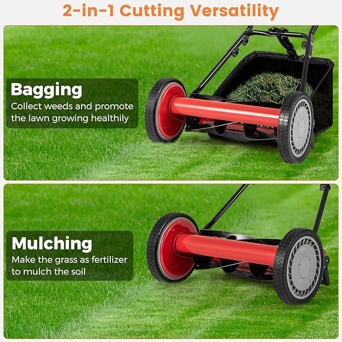 16" Manual Rear Mower, Push Lawn Mower with 5 Steel Blades, Adjustable Cutting Heights & Grass Catcher Bag, Walk-Behind Grass Cutter Lawn Sweeper for Garden, Park & Yard (Red)