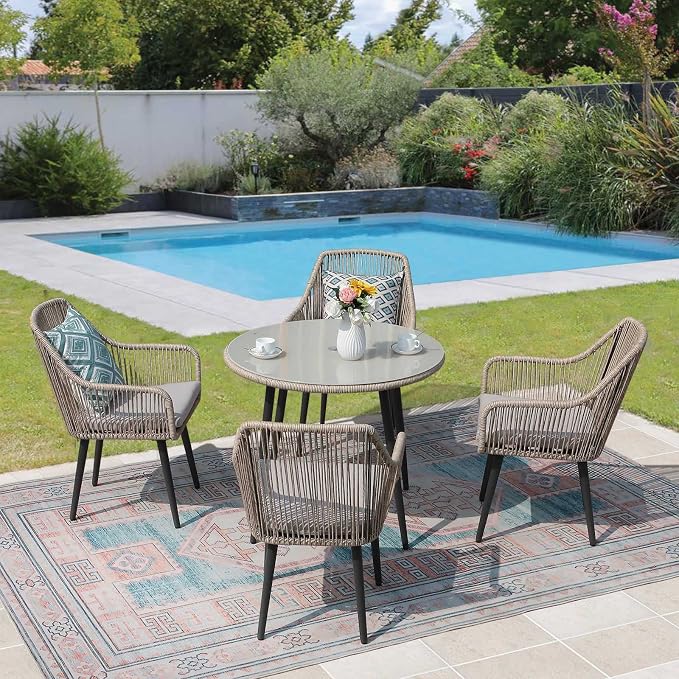 JOIVI 5 Piece Outdoor Dining Set, Wicker Patio Furniture Dining Table and Chairs Set with Cushions for 4 People, Tempered Glass Tabletop with 2.16” Umbrella Hole, for Lawn, Backyard, Garden