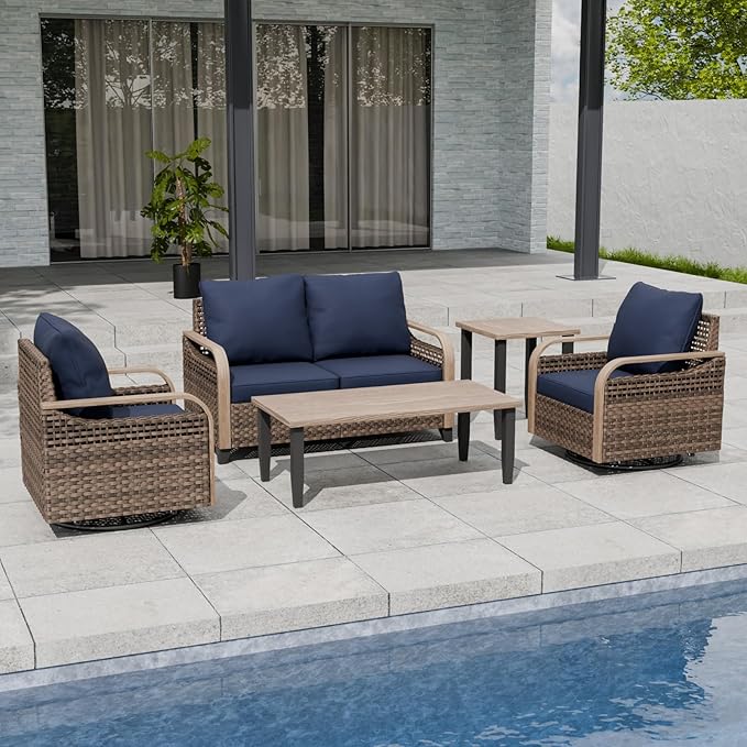EAGLE PEAK Modern Wicker Outdoor Patio Furniture Set, Patio Conversation Set, 2 Swivel Rocking Chairs, 2-Seat Loveseat, Coffee Table and Side Table, 5 Pieces, Brown/Blue
