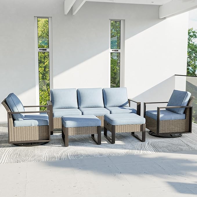 Outdoor Patio Furniture Set, 5 Piece Wicker Patio Conversation with Deep Seating, Thicken Cushions, Outdoor Swivel Rocker Patio Chairs, Metal Outdoor Furniture for Deck, Porch, Yard Use