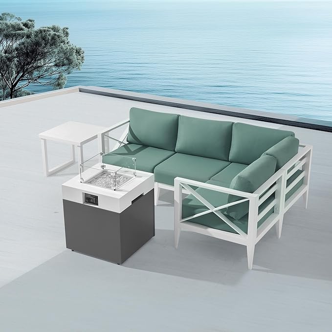 MBY Aluminum Patio Sectional Set with Fire Pit Table – 4-Seat Outdoor Conversation Sofa Set with Corner Seat & 37,000 BTU Gas Firepit, Glass Wind Guard, Weather-Resistant – White