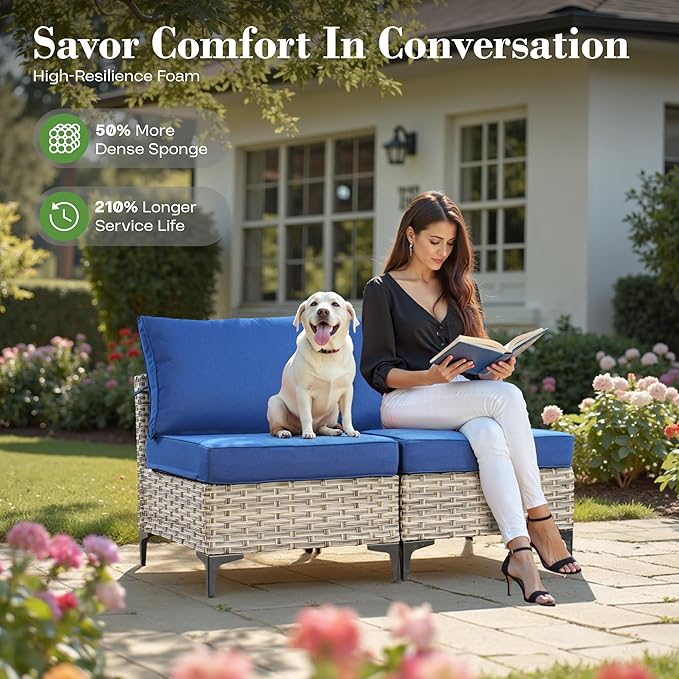 6 Pcs Patio Furniture with Fire Pit Table, Outdoor Rattan Wicker Conversation Set with Glowing Coffee Table, Comfy Sectional Sofa for Porch Balcony Backyard Pool, Blue