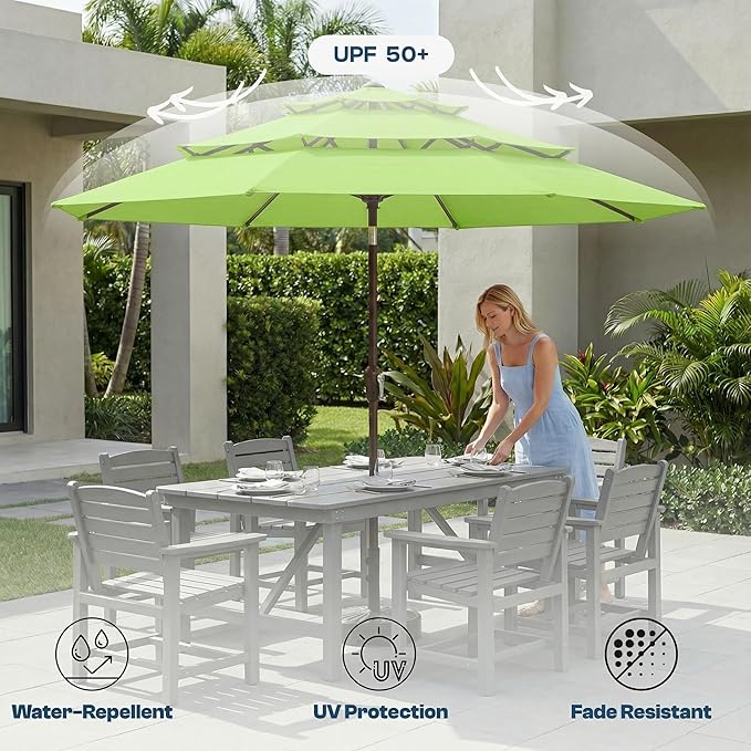 10ft Patio Umbrella, 3 Tier Outdoor Market Table Umbrellas with 8 Fiberglass Ribs and Push Button Tilt, Windproof, Vented Canopy, UV Protection for Deck, Pool, Backyard