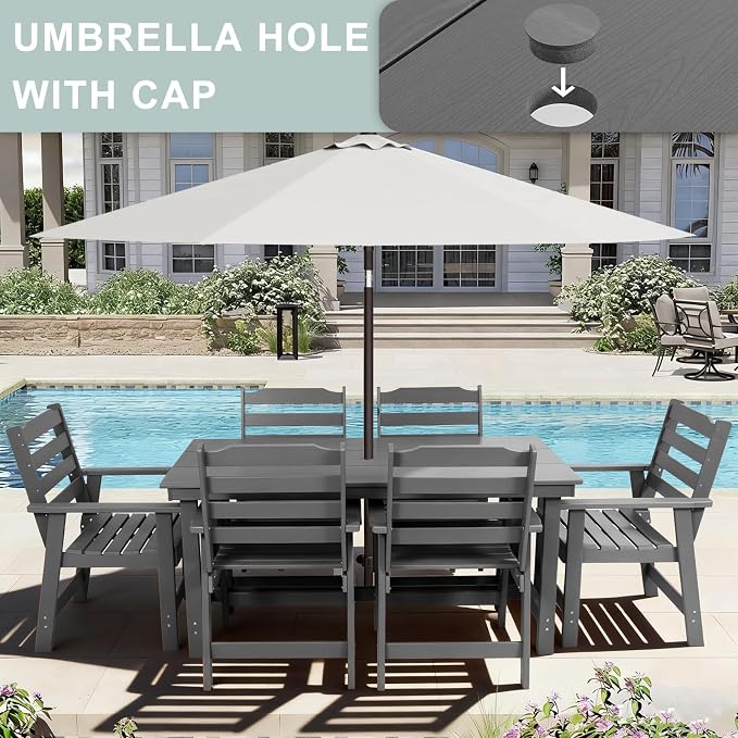 FUNBERRY Outdoor Dining Table, HDPE 6-Person Patio Table with Umbrella Hole | Wood-Grain, HDPE All Weather, No Rot or Rust or Crack, UV Fade Shield, 220LBS Weight Capacity, Easy-Clean for Outside