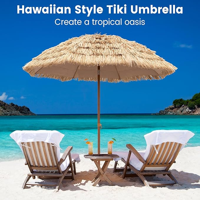Tangkula 7.2Ft Tiki Patio Umbrella, Hawaiian Style Outdoor PE Grass Umbrella with Tilt Adjustment, 8 Ribs, Portable Thatched Beach Umbrella for Garden, Yard, Poolside