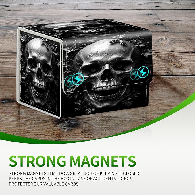 Card Deck Box for MTG, Cards Storage Box Fits 120+ Sleeved, Leather Small Size Strong Magnetic Closing Card Case for Board Games Magic TCG CCG Baseball Collection, Dark Skull