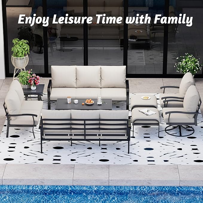 HOMREST 9 PCS Outdoor Patio Furniture Set with 2 Swivel Rocking Chairs and Metal Coffee Side Table, Patio Conversation Set with 2 Ottomans and 2 3-Seat Sofas, Loveseat for Big Garden, Deck, Poolside
