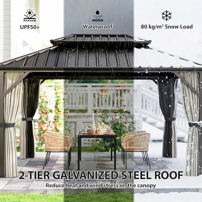Outsunny 10' x 14' Hardtop Gazebo with UPF50+ Double Galvanized Steel Roof Canopy, Aluminum Frame Permanent Outdoor Gazebo with Curtains and Netting, Ceiling Hooks, Brown