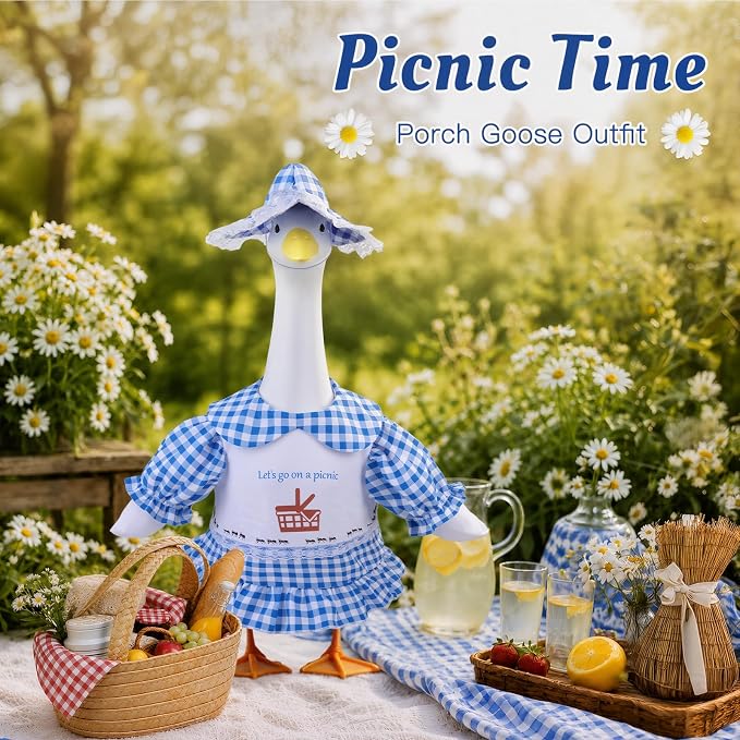 Picnic Porch Goose Outfits, 23 Inch Porch Goose Summer Outfit, Goose Outfit Spring Picnic Theme, Goose Clothes for Cement Geese Outdoor Garden Yard Decor