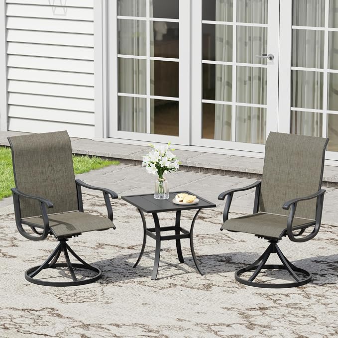 3 Pieces Small Patio Dining Set, 2 Textilene Swivel Chairs and Small Square Outdoor Table, Outdoor Furniture Set for Porch, Lawn, Garden, Black/Brown