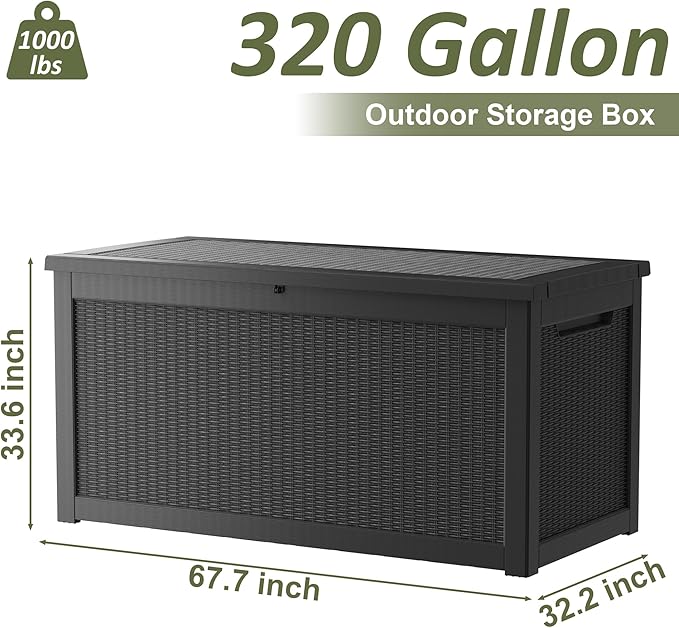 320 Gallon Outdoor Storage Box Waterproof, Lockable Resin Deck Box Large, Patio Storage Bin for Pool Accessories Cushion Furniture, Garden Tools, UV-Resistant Outside Delivery Black