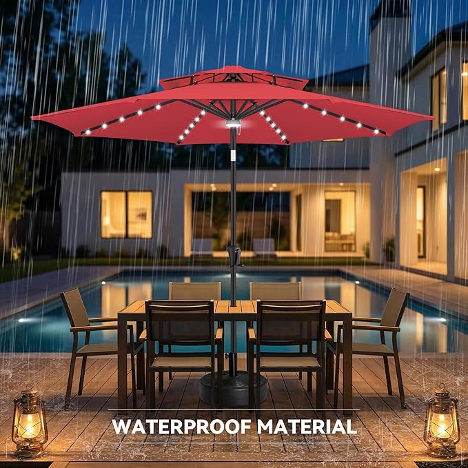 9ft Solar Umbrella Outdoor - 2 Tiers Lighted Solar Patio Umbrella with 40 LED Lights Waterproof UV Protection, Table Umbrella with Tilt for Pool, Porch, Garden, Backyard (Red)