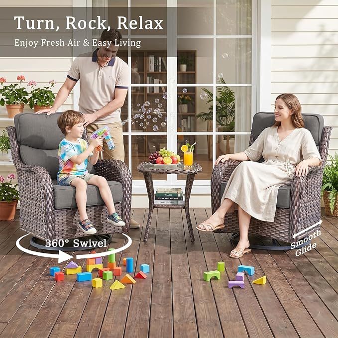 Luxury 6" Thick Cushion 9 Pieces Wicker Patio Furniture Set with High Back Swivel Rocker Chairs, Outdoor Conversation Set with Patio Couch for Deck Porch Yard and Poolside