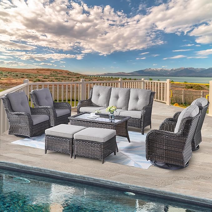 Belord Wicker Patio Furniture Sets - 8 Piece Rattan Outdoor Furniture Conversation Sets with 4 Swivel Rocker Chairs, Rattan Sofa, Wicker Ottomans and Coffee Table, Brown/Grey