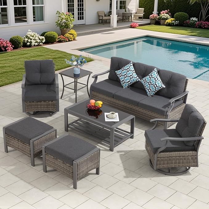 Outdoor Patio Furniture Set, 6 Pieces Outdoor Conversation Sets with Coffee Table, Side Table & Ottoman, Wicker Rattan Outdoor Sectional Sofa Set for Backyard, Deck, Porch, Poolside, Gray