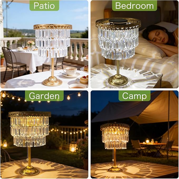 HUYIENO Solar Crystal Table Lamp Cordless Rechargeable LED Desk Light Dimmable 2 Color Modes (Warm/White), Waterproof Outdoor Metal Lamp for Patio, Balcony, and Bedroom Decor