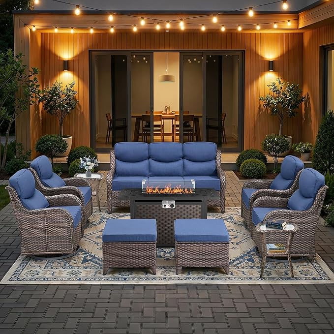 HUMMUH 10 Pieces Outdoor Furniture Set with Fire Pit 6-inch Cushions High Back Patio Furniture Set Wicker Swivel Rocker Chairs Sofa for Porch,Deck,Backyard