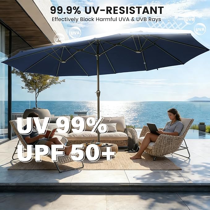 Ayge 15FT Patio Umbrella with Base,Large Outdoor Double-Sided Rectangle Umbrella with Crank Handle, Market Umbrella for Poolside Garden Deck Backyard Beach Pools,Navy