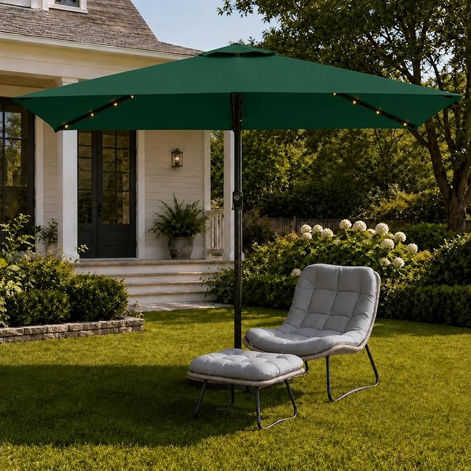 6.5 x 10ft Rectangular Patio Umbrella with Solar Lights, 16 LED Lighted Market Umbrella with Push-Button Tilt and Crank, 6 Sturdy Iron Ribs for Garden, Deck, Pool, Forest Green