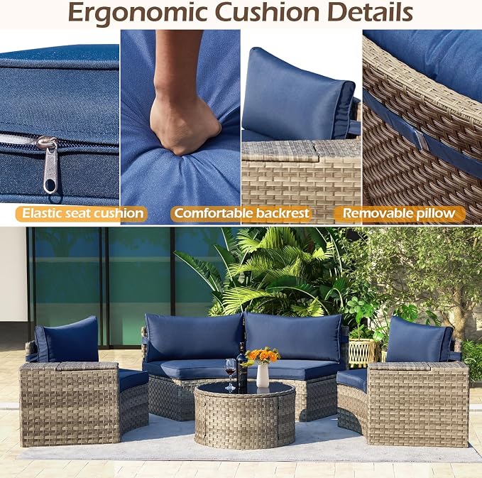 ECOTOUGE 8-Piece Half-Moon Curved Patio Furniture Set with Fire Pit Table, Wicker Rattan Sectional Sofa with Thick Cushions, Outdoor Conversation Set for Backyard Garden No Tank Cover(Blue, White)