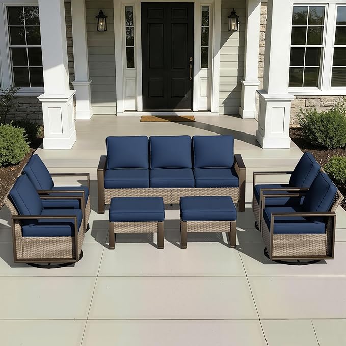 Outdoor Patio Swivel Rocker Chairs, 7 Pieces Wicker Furniture Set, 4 Swivel Rocking Chairs, 1 Sofa and 2 Ottoman, Metal Wide Armrest, Thick Cushions and Deep Seating for Garden, Backyard, Porch, Deck