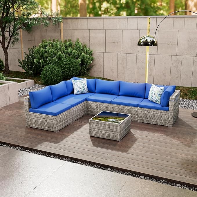 7 Piece Patio Furniture Set, Outdoor Wicker Patio Sofa Set, PE Rattan Sectional Couch with Glass Table and Blue Cushions, All-Weather 7 Piece Outdoor Patio Furniture Sets, Grey