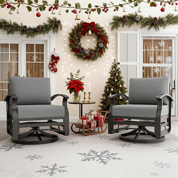 3 Piece Aluminum Swivel Rocking Chair Set, Outdoor Patio Swivel Gliders Chair with Glass Top Coffee Table, Conversation Furniture Set Suitable for Patio, Lawn, Outdoor, Back Garden(Gray)
