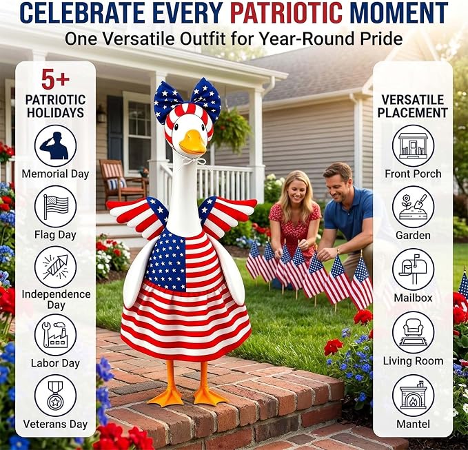Go Ho 4th of July Porch Goose Outfit Angel Style, American Flag Patriotic Clothes for 23 Inch Porch Goose Statue, Independence Day Costume, 250th Anniversary USA Outdoor Lawn Garden Decoration