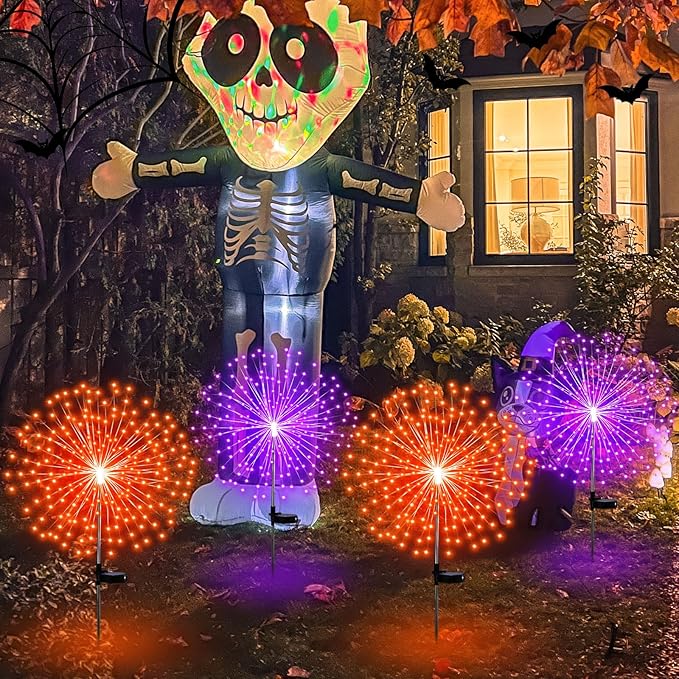 Tujoe 4 Pcs Halloween Solar Lights Solar Firework Lights 180 LED 8 Modes Outdoor Waterproof LED Stake Sparkler Christmas Decoration for Driveway Pathway Garden Patio Walkway Yard Lawn(Orange, Purple)
