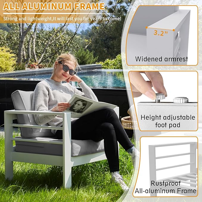 Aluminum Patio Furniture Set, Single Chair Outdoor Set with 5 Inch Cushions, Patio Sofa Sets with Waterproof Covers for Backyard Garden(White)