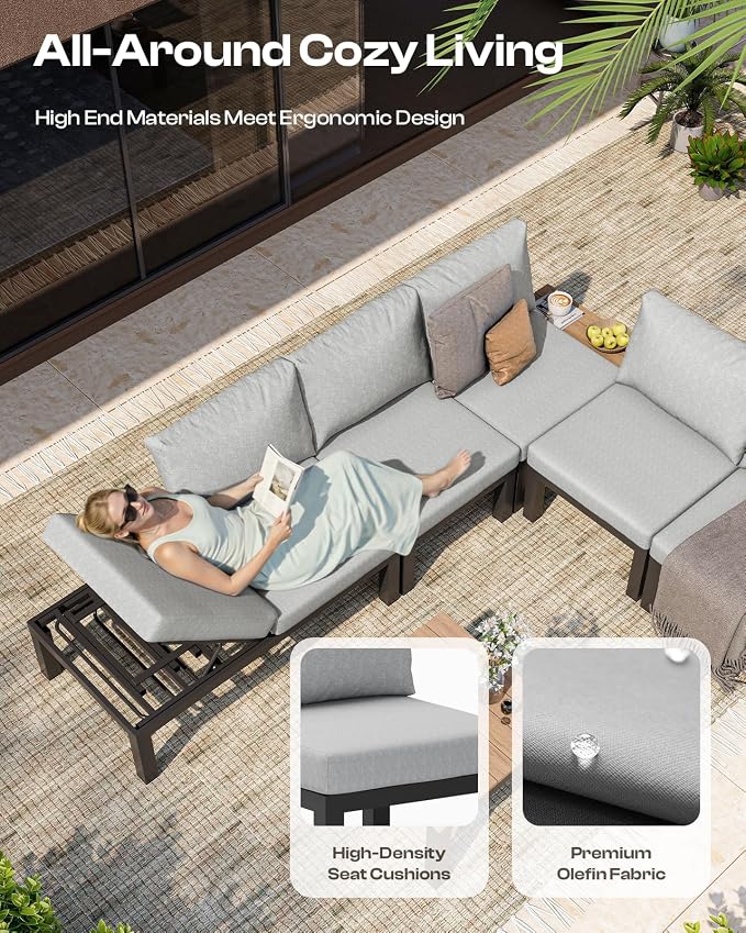Aluminum Modular Outdoor Patio Furniture Set, 8 Seats Sectional Sofa Set with Adjustable Backrest & Thick Cushions, All-Weather L-Shaped Corner Set with Table for Garden & Yard, Gray