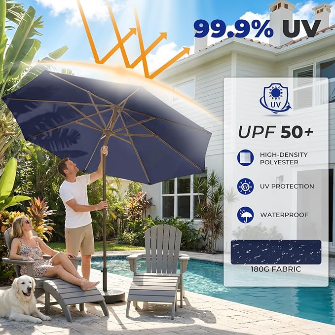 BRIOPAWS 9FT Patio Umbrella with Base Included | Outdoor Table Umbrellas | Push Button Tilt & Crank | 8 Sturdy Fiberglass Ribs | Waterproof | Heavy Duty for Garden Lawn DeckBackyard & Pool