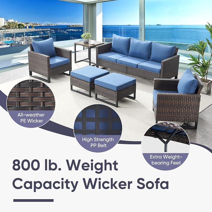 Belord 7 Pieces Patio Furniture Set with 50000BTU Propane Fire Pit Table: Wicker Patio Conversation Set with Outdoor Club Chairs Patio Couch Metal Side Table, All Weather Brown Rattan