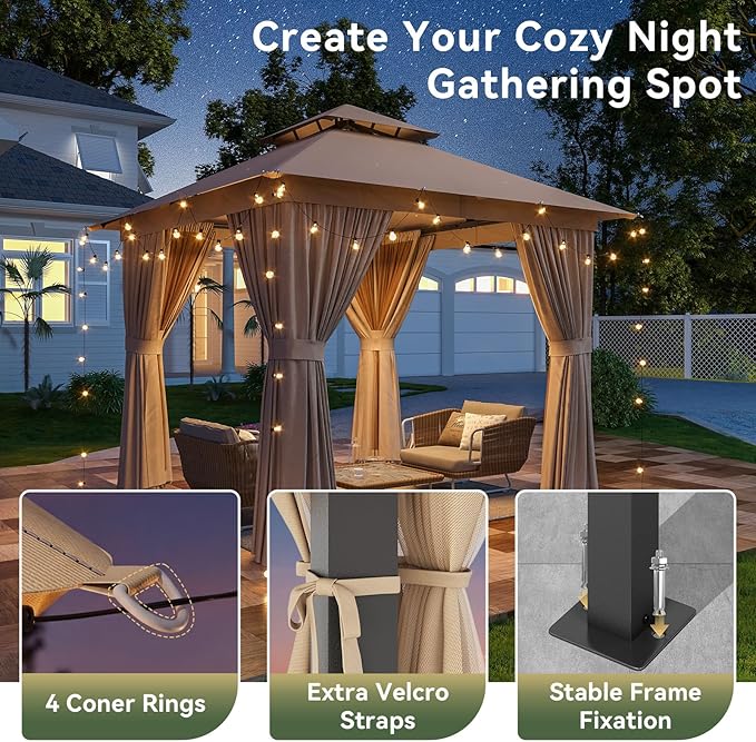 8'x8' Gazebo, Outdoor Gazebo Metal Frame Canopy with Double Roofs, Heavy Duty Patio Tent Shelter with Mosquito Netting and Privacy Screen for Backyard, Beige