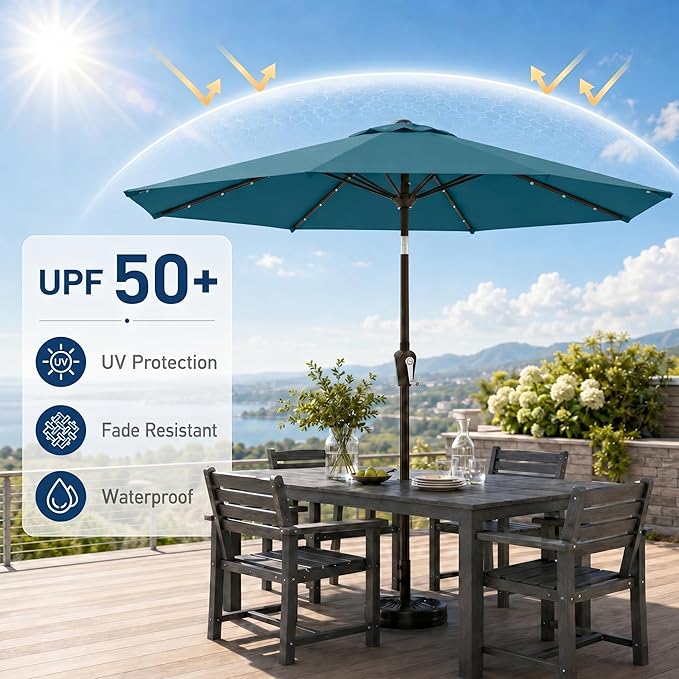 11FT Solar Patio Umbrella with Lights, Outdoor Table Market Umbrella with 32 LED Lights, 8 Sturdy Ribs, Smooth Crank Lift for Pool, Deck and Garden, UV-Resistant