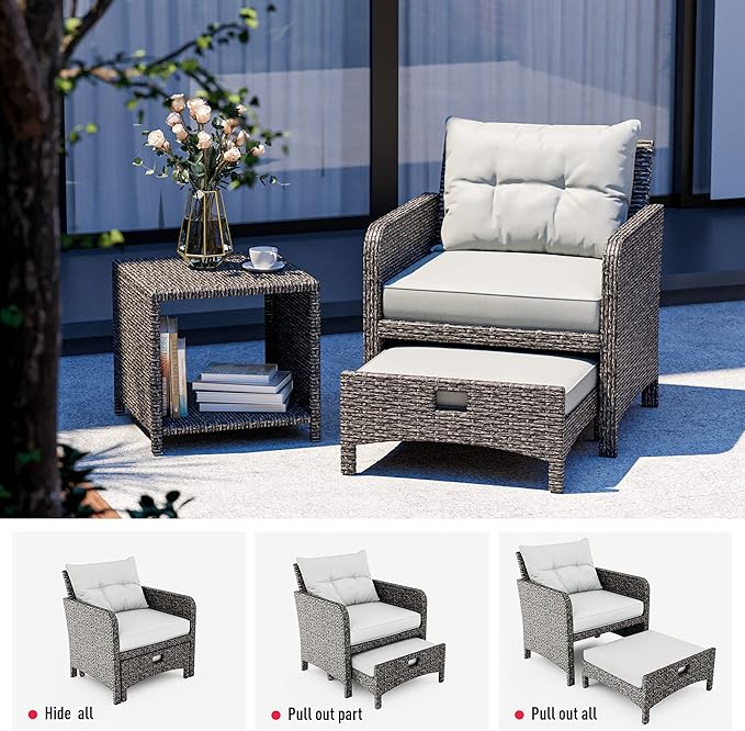 Pamapic 5 Pieces Wicker Patio Furniture Set Outdoor Patio Chairs with Ottomans Conversation Furniture with coffetable for Poolside Garden Balcony(Grey Cushion +Grey Rattan)