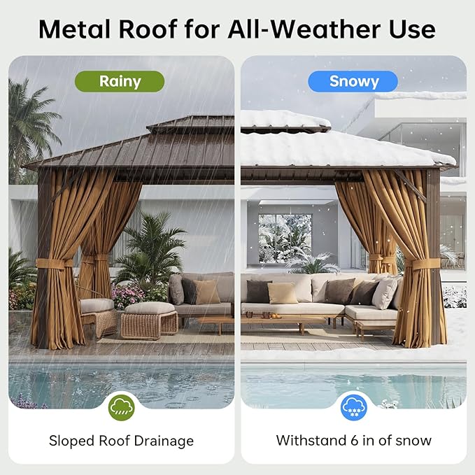 12x16FT Hardtop Gazebo with 20IN Ceiling Fan, Metal Frame with Double Galvanized Steel Roof, Permanent Outdoor Pergola for Backyard, Patio, Lawn and Garden, Brown