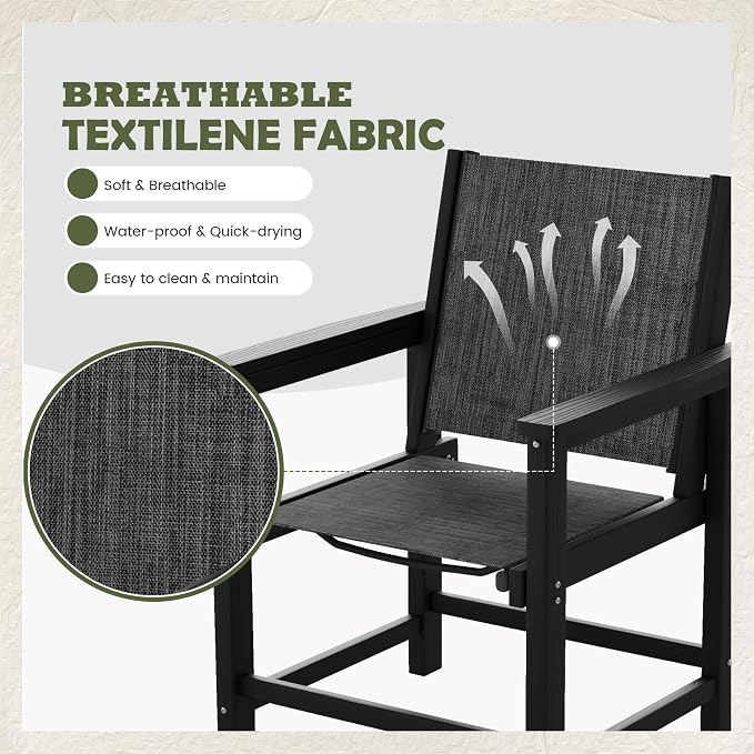 UDPATIO HDPE Dining Chair Set of 4, Heavy Duty Extra-Wide Outdoor Chairs with 360 lb Load Capacity, Easy to Assembly, All-Weather Seating for Patio, Pool, Garden, Backyard,Light-Black